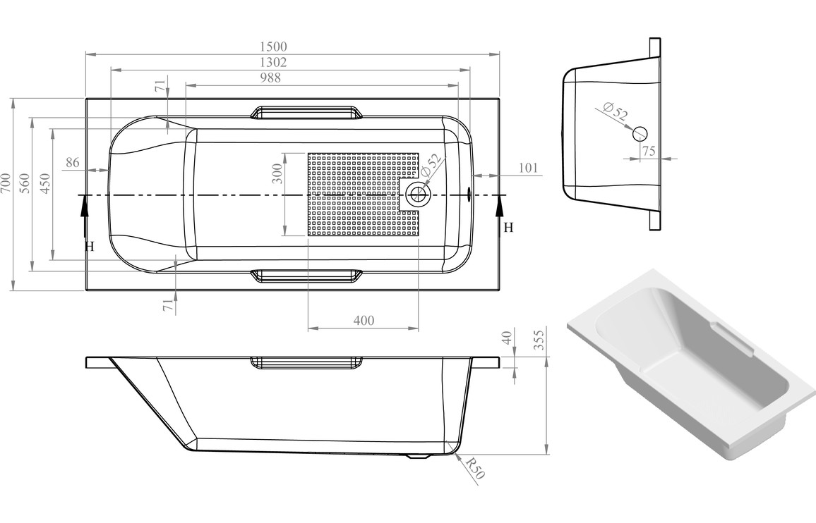 Straight Bath, Castaoria Gripped 1500x700x550mm 0TH Bath w/Legs - Image 2