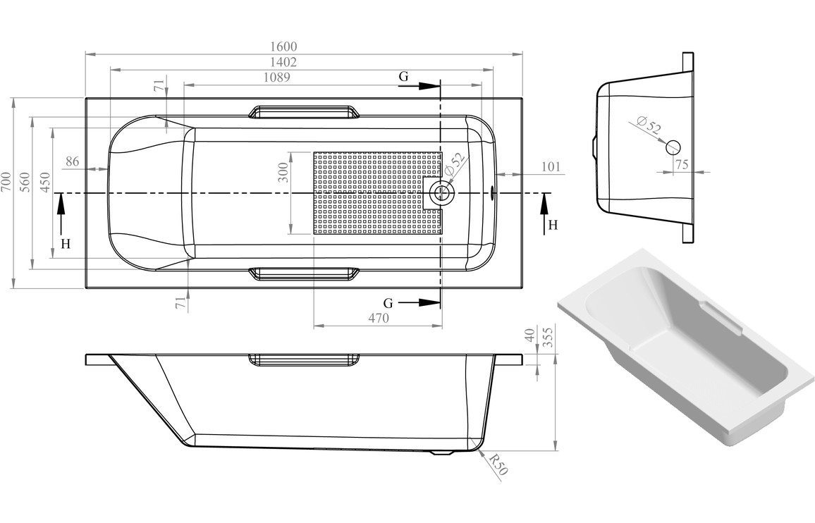 Straight Bath, Castaoria Gripped 1600x700x550mm 0TH Bath w/Legs - Image 2