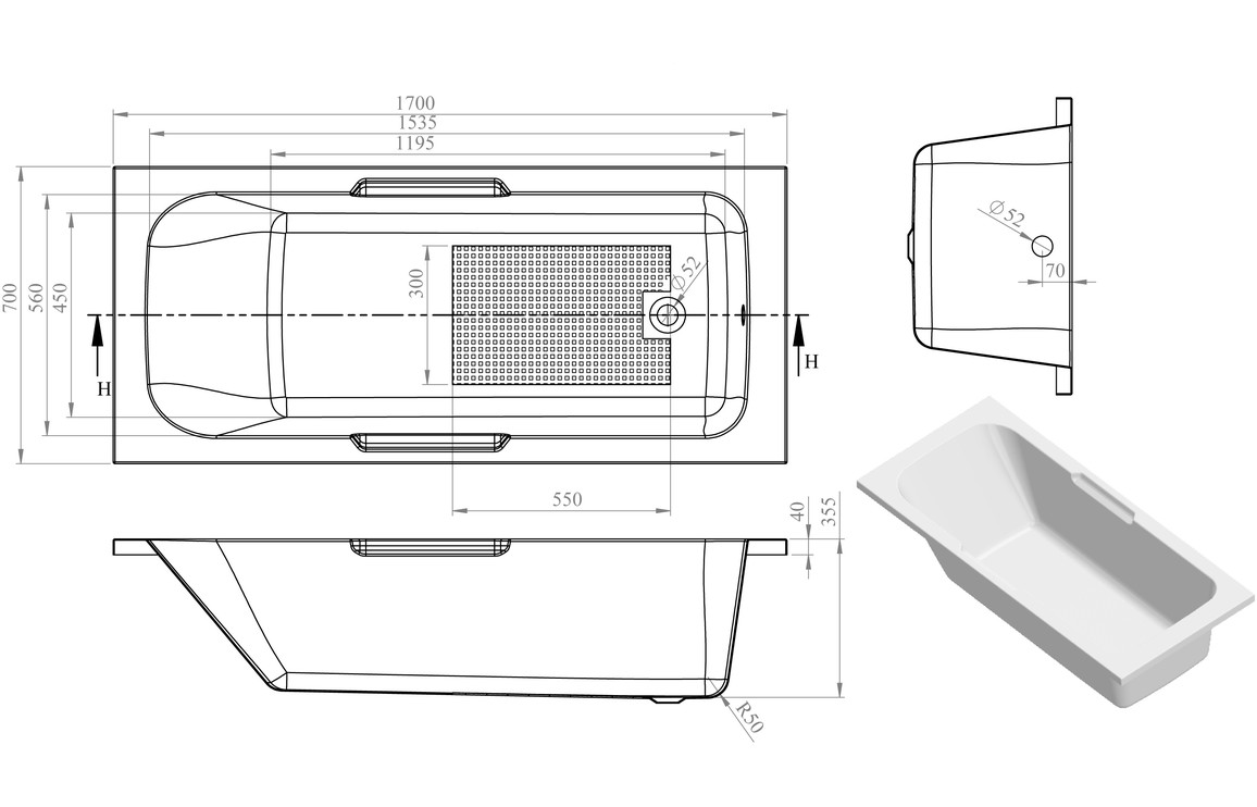 Straight Bath, Castaoria Gripped 1700x700x550mm 0TH Bath w/Legs - Image 2