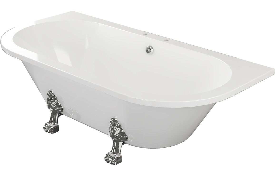 Freestanding Bath, Rosaique Freestanding Back To Wall 1700x800x600mm 2TH Bath w/Feet - White - Image 2