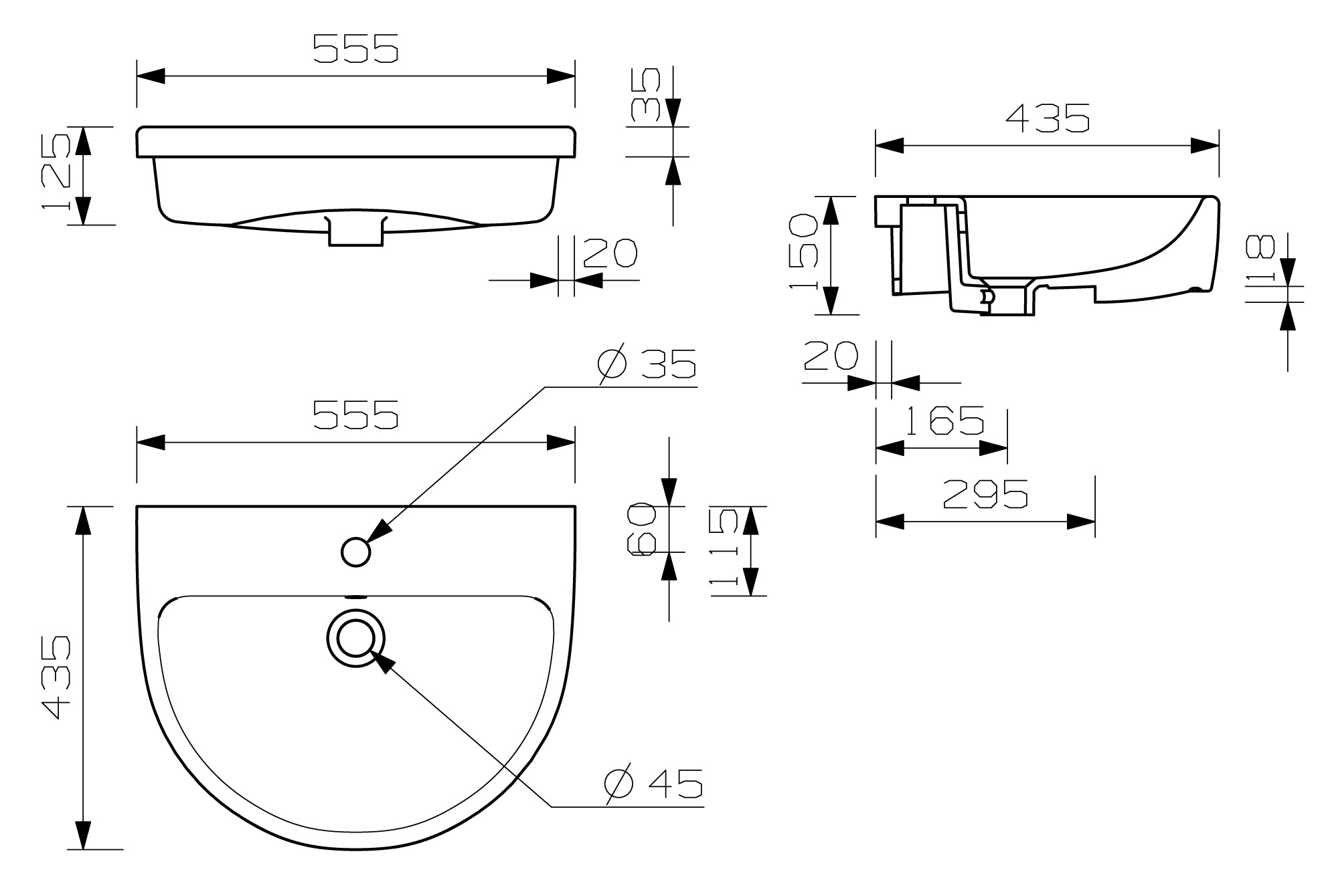 Semi Recessed Basin, Astraine 555x435mm 1TH Semi Recessed Basin