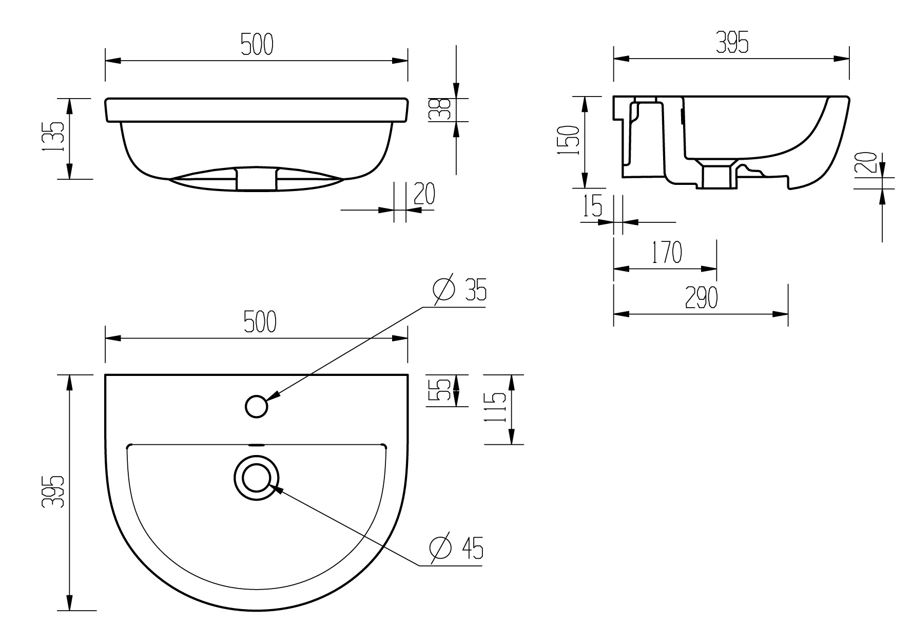 Semi Recessed Basin, Mariselisse 500x390mm 1TH Semi Recessed Basin - Image 2