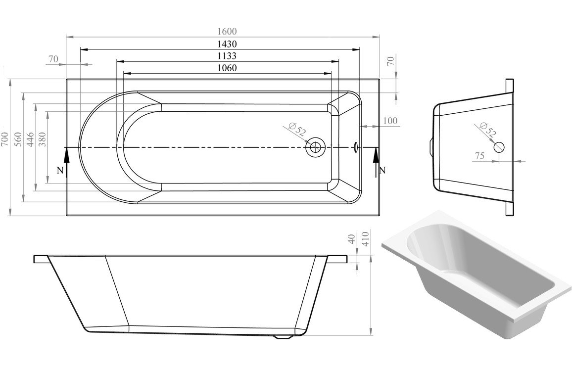 Straight Bath, Thalelle Round Single End SUPERCAST 1600x700x550mm 0TH Bath w/Legs - Image 2
