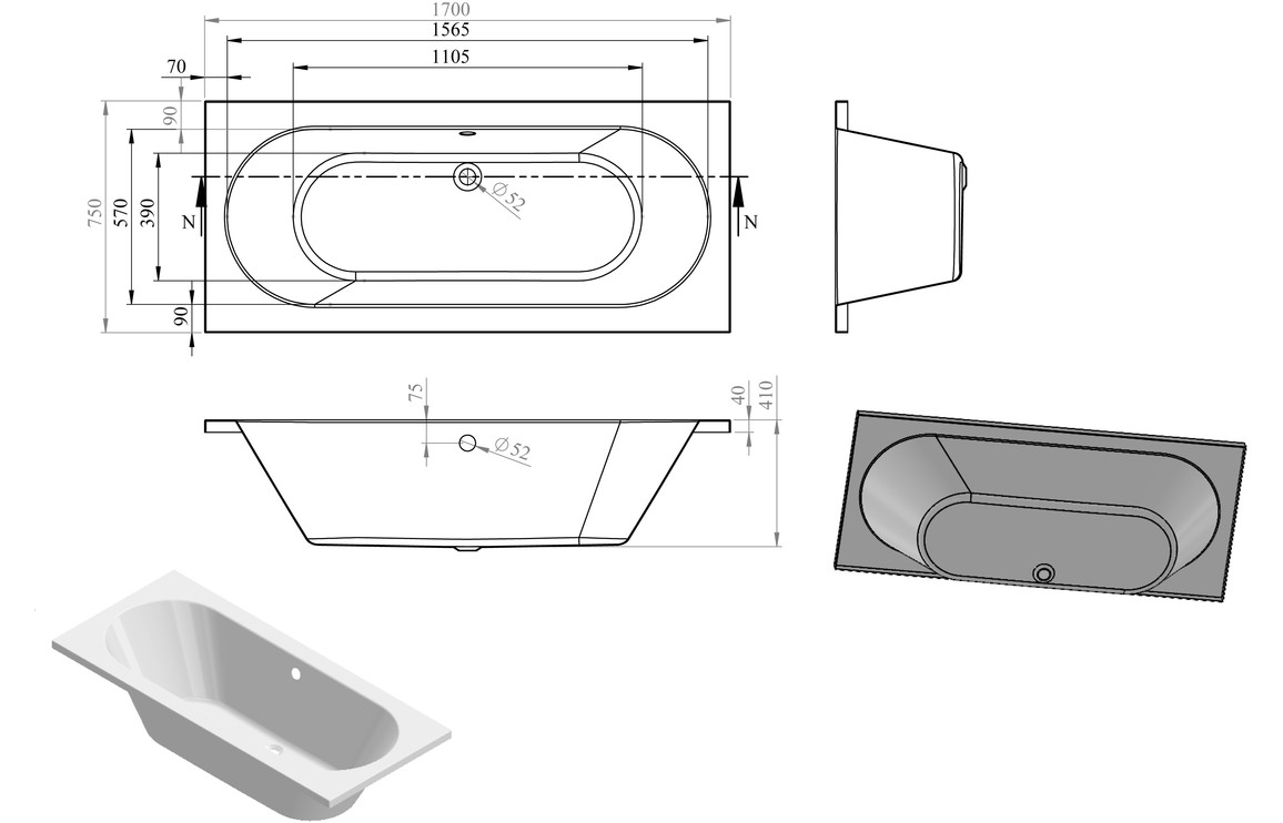 Straight Bath, Thalelle Round Double End 1700x750x550mm 0TH Bath w/Legs - Image 2