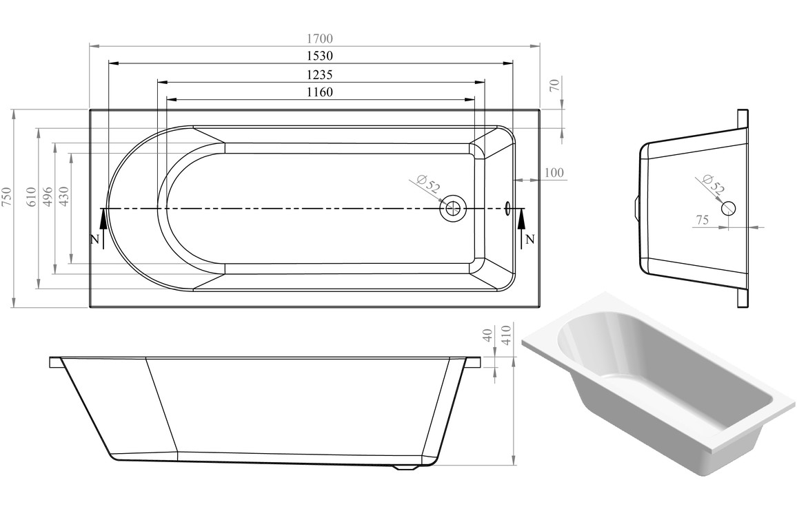 Straight Bath, Thalelle Round Single End 1700x750x550mm 0TH Bath w/Legs - Image 2