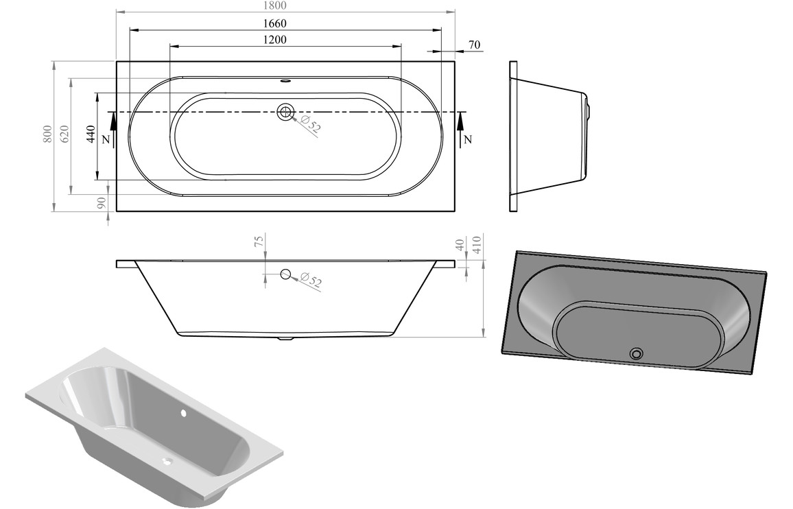 Straight Bath, Thalelle Round Double End SUPERCAST 1800x800x550mm 0TH Bath w/Legs - Image 2