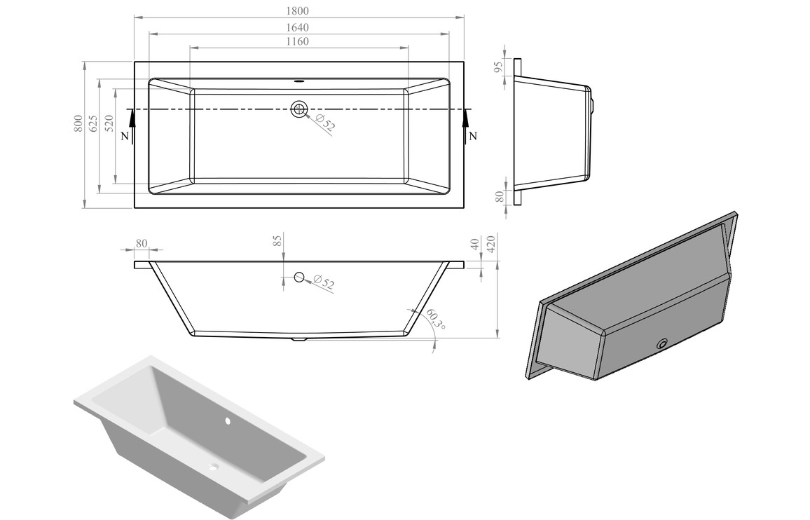 Straight Bath, Rosaelisse Square Double End 1800x800x550mm 0TH Bath w/Legs