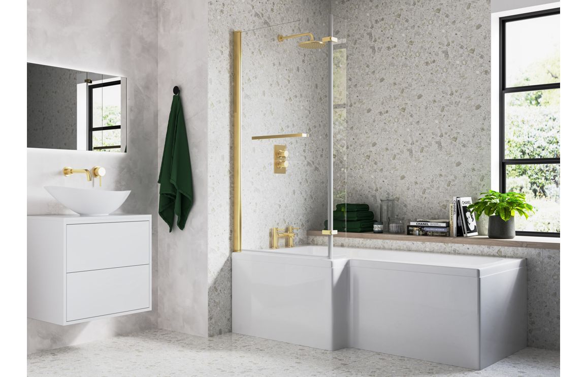 Shaped Shower Bath, Rosaelisse L Shape 1700x850x560mm 0TH Shower Bath Pack (LH) - Brushed Brass