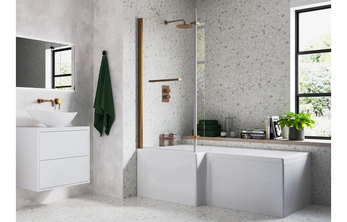 Shaped Shower Bath, Rosaelisse L Shape SUPERCAST 1700x850x560mm 0TH Shower Bath Pack (LH) - Brushed Bronze