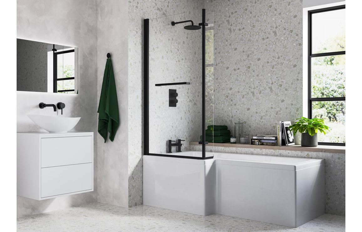 Shaped Shower Bath, Rosaelisse L Shape 1700x850x560mm 0TH Shower Bath Pack (LH) - Matt Black