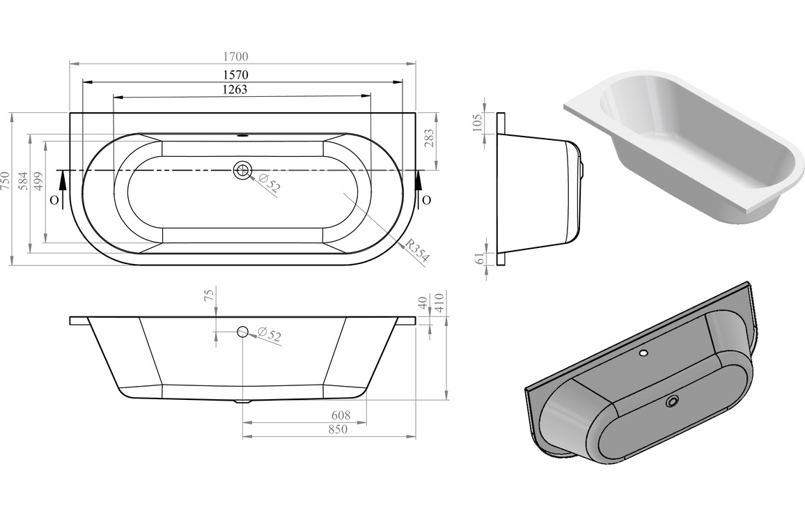 Back To Wall Bath, Philence Back To Wall SUPERCAST 1700x750x600mm 0TH Bath w/Legs