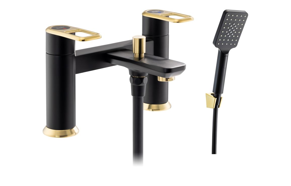 Abode Levarto Deck Mounted Bath Shower Mixer - Matt Black & Brass, Bathroom Taps