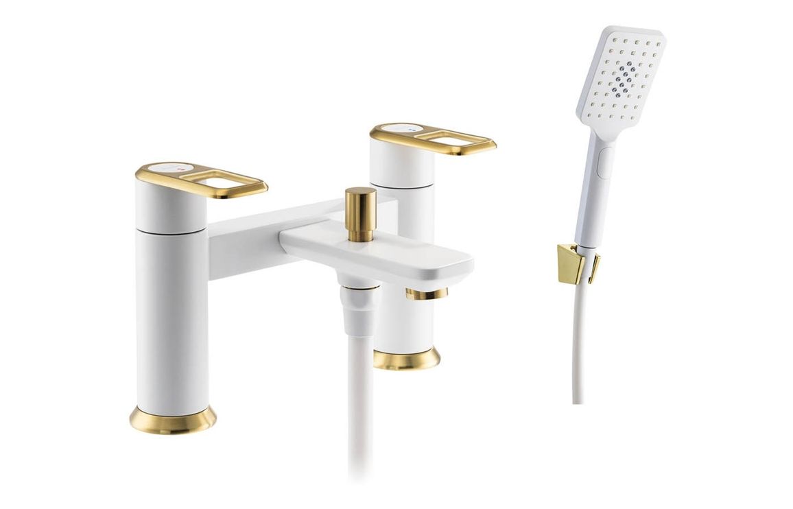 Abode Levarto Deck Mounted Bath Shower Mixer - Matt White & Brass, Bathroom Taps