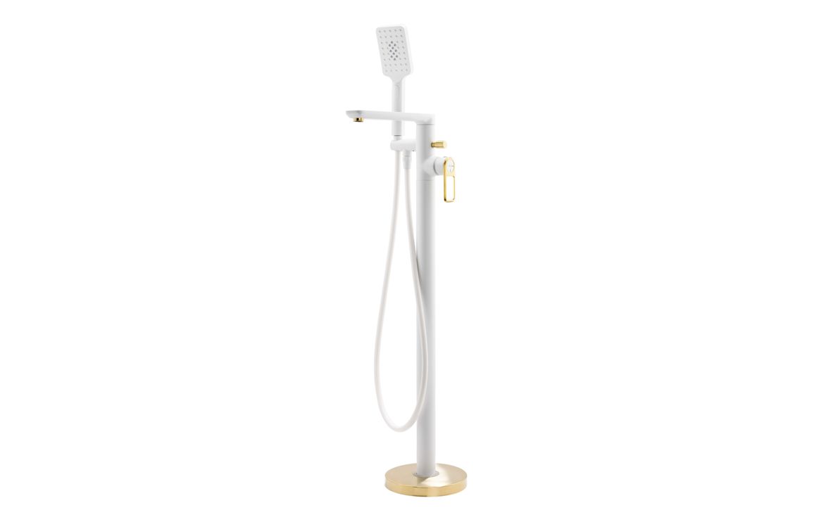 Abode Levarto Floor Standing Bath Shower Mixer - Matt White & Brass, Bathroom Taps