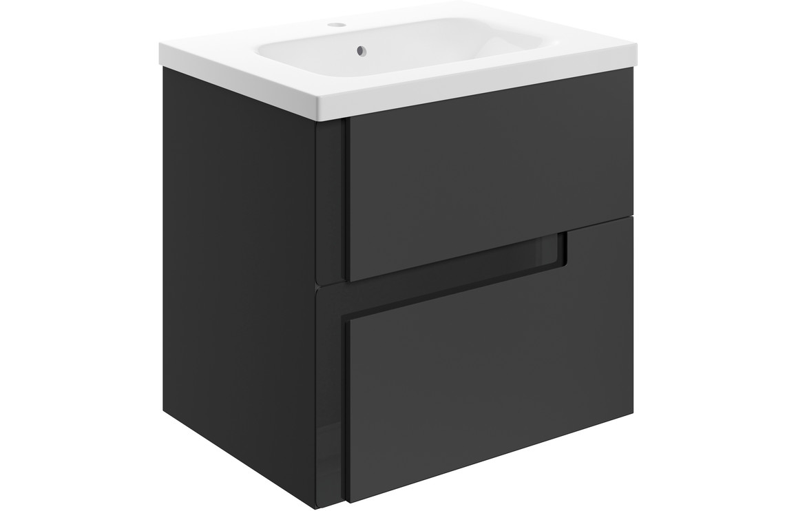 Astrico 615mm Wall Hung 2 Drawer Basin Unit & 1TH White Basin - Matt Black & Glass,Furniture