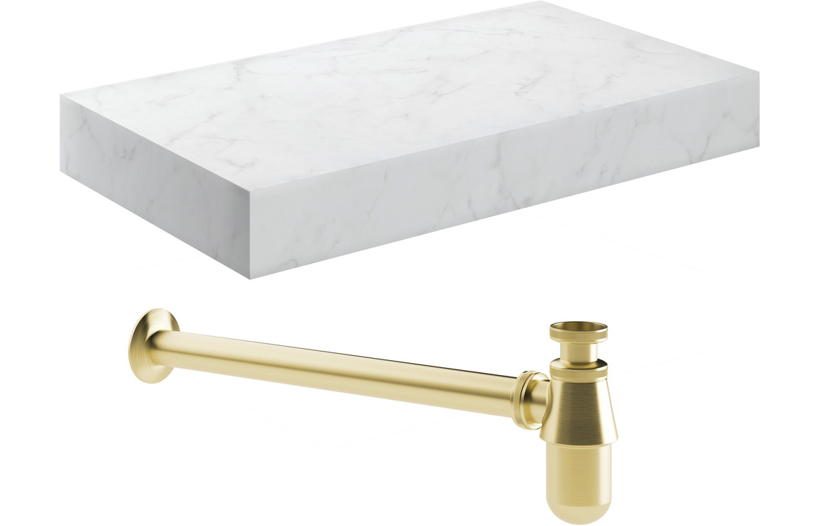 Marisisse 800mm Wall Hung White Marble Basin Shelf & Brushed Brass Bottle Trap,Furniture