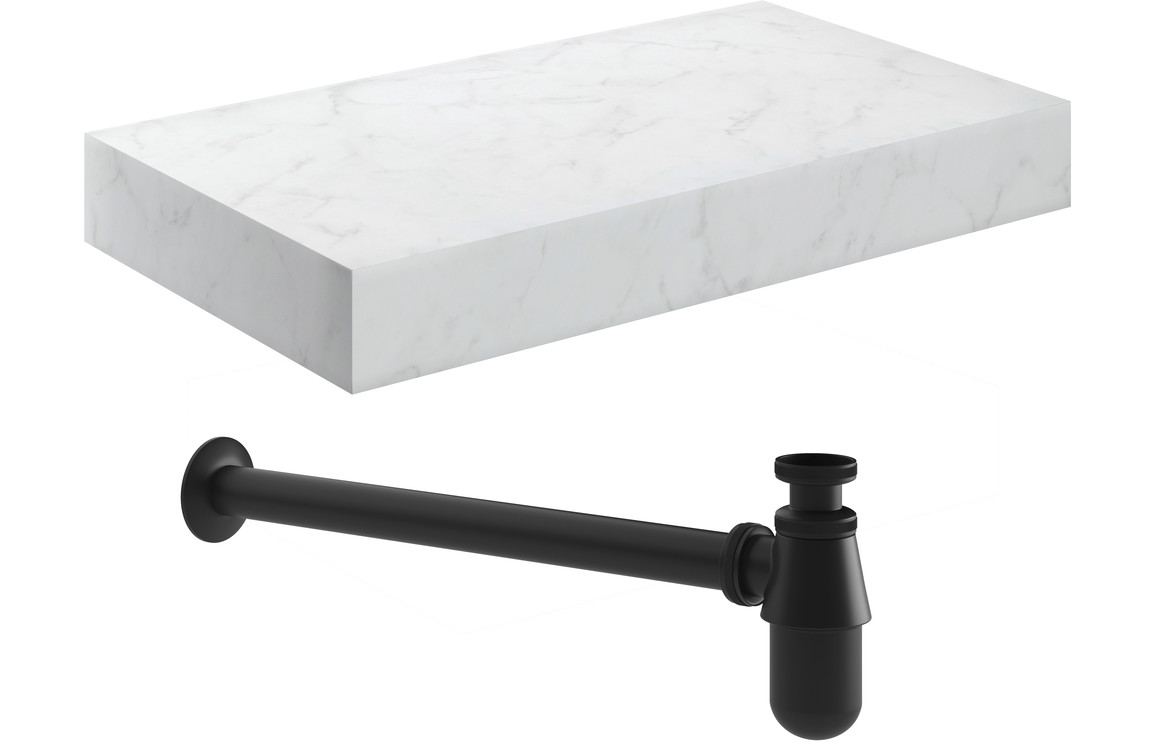 Marisisse 800mm Wall Hung White Marble Basin Shelf & Black Bottle Trap,Furniture