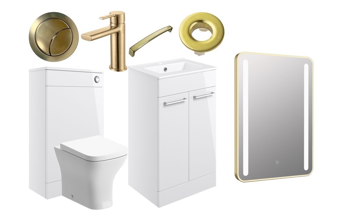Marisenne 510mm F/S Furniture Pack - White Gloss w/Brushed Brass Finishes, Bathroom Sets, Furniture Pack