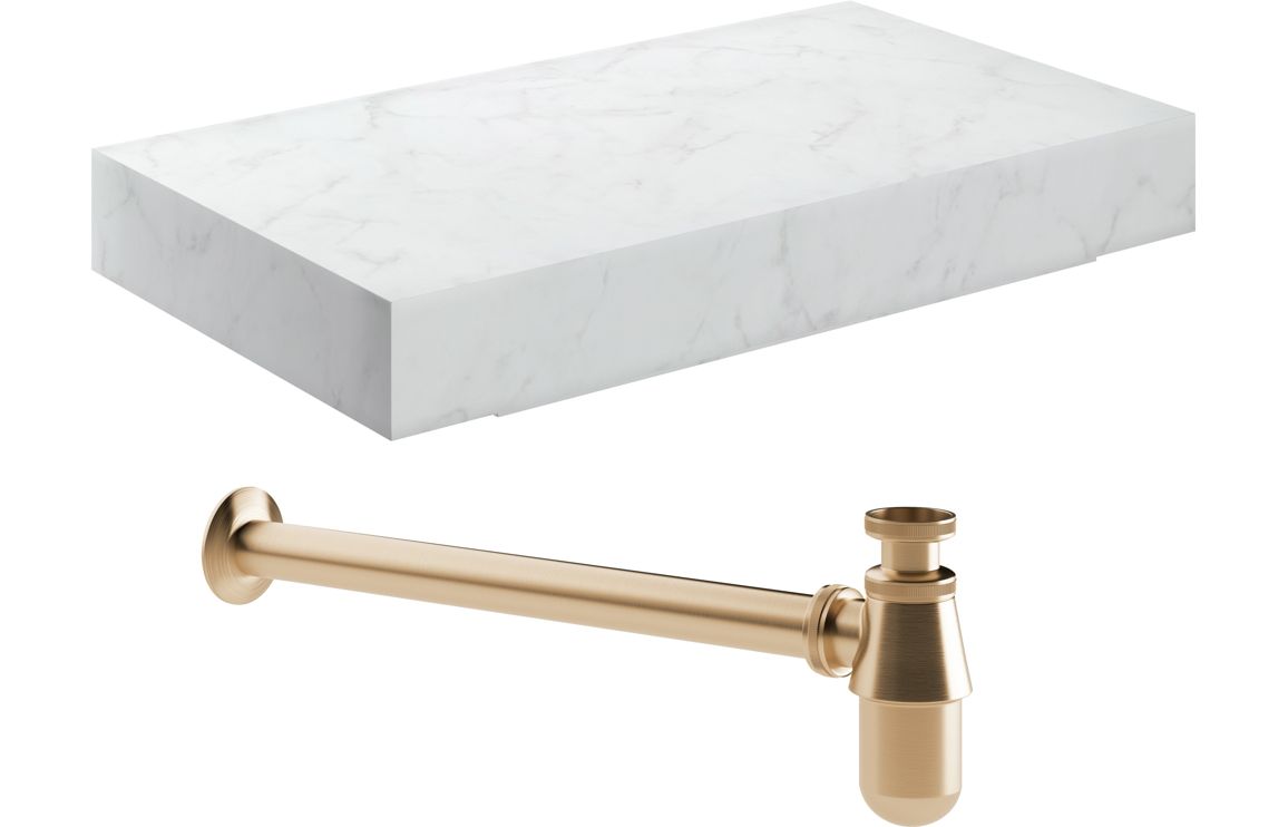 Marisisse 800mm Wall Hung White Marble Basin Shelf & Brushed Bronze Bottle Trap,Furniture