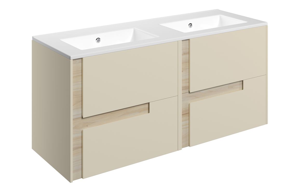 Astrico 1210mm Wall Hung 4 Drawer Basin Unit & 2TH White Basin - Matt Cotton & Oak Effect,Furniture