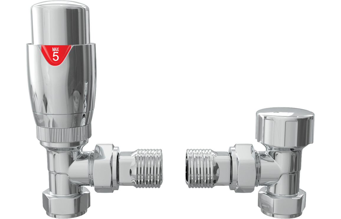Round Thermostatic Chrome Radiator Valves - Angled, Heating