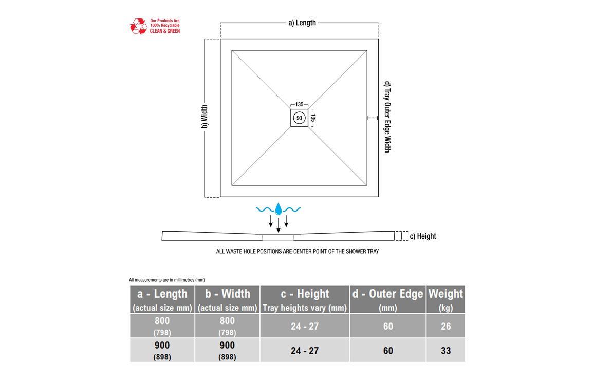 25mm Ultra-Slim 800mm x 800mm Square Tray & Waste, Etoile, - Image 2
