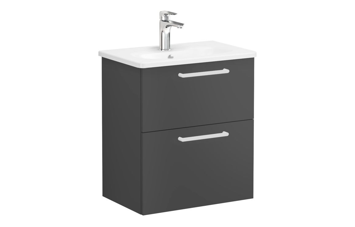 VitrA Zentrum Compact 60cm 2 Drawer W/H Washbasin Unit - Matt Storm Grey,Furniture - Image 2
