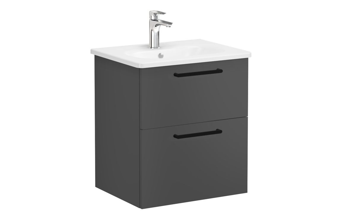VitrA Zentrum 60cm 2 Drawer W/H Washbasin Unit - Matt Storm Grey,Furniture - Image 2