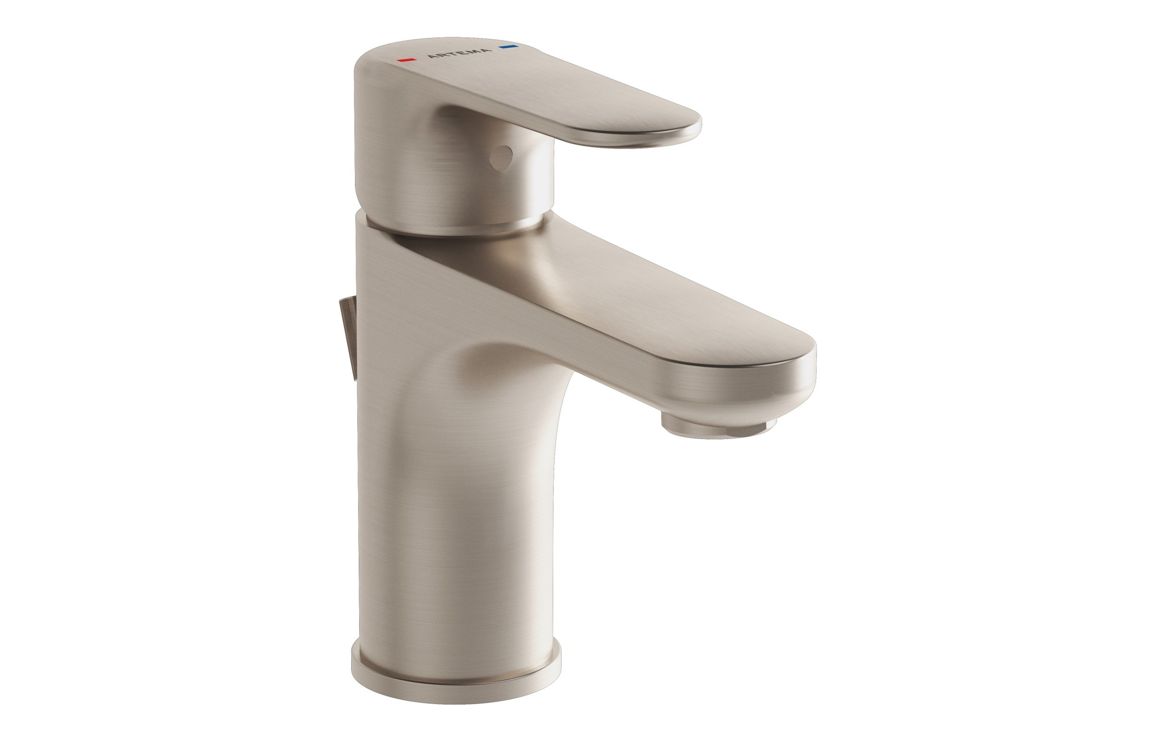 VitrA Root Round Compact Basin Mixer w/Waste Lever - Brushed Nickel, Bathroom Taps
