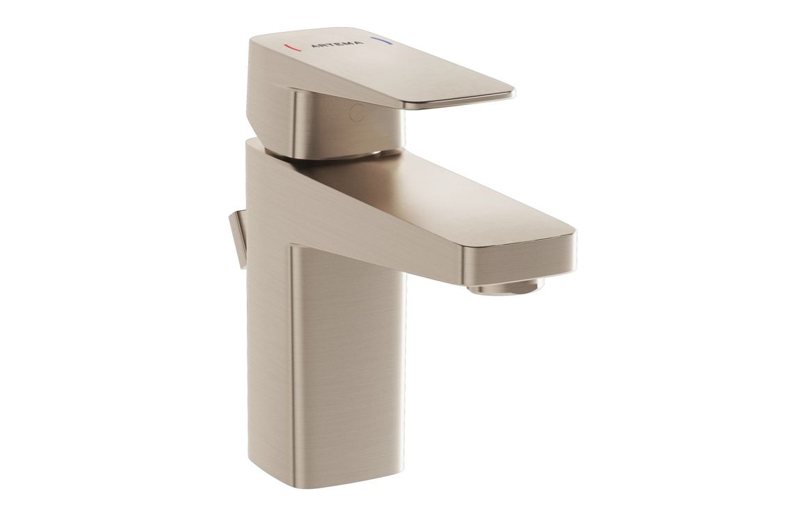 VitrA Root Square Compact Basin Mixer w/Waste Lever - Brushed Nickel, Bathroom Taps